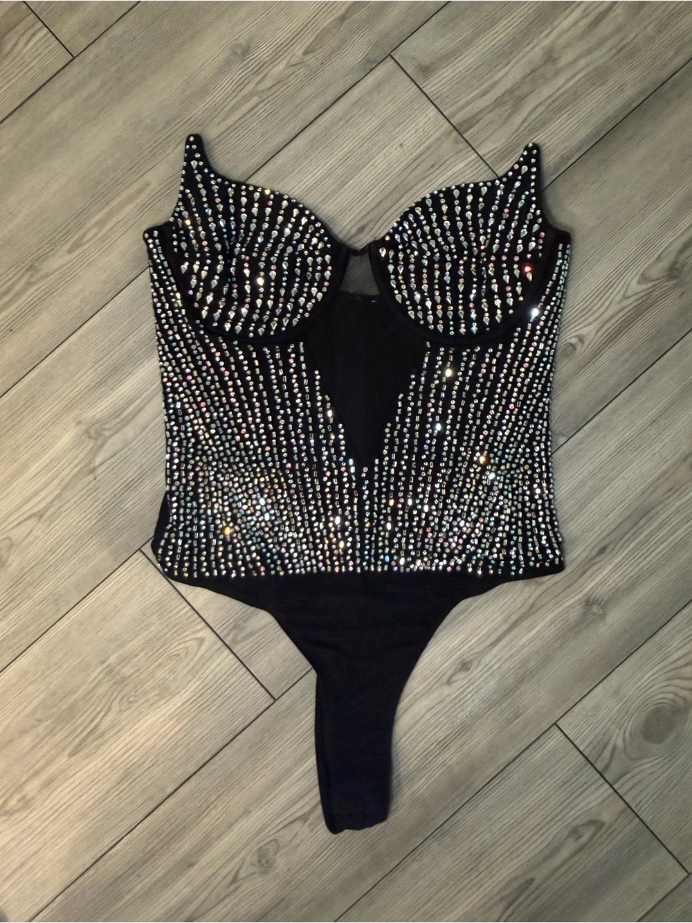 Windsor Black Crystal-Studded Bustier Bodysuit